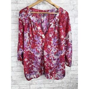 ELOQUII Popover Top Red Pink Purple Floral Peasant Blouse Semi Sheer Size 14 14W